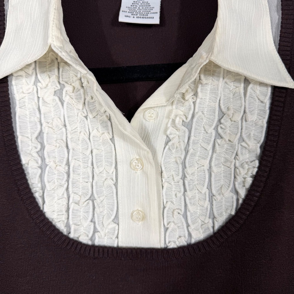 Vtg Y2K George 2-in-1 Sweater Vest Blouse M/L Silk Blend Brown Cream Ruffles EUC - Picture 5 of 7